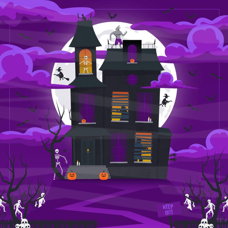 brainteaser halloween with haunted house, ghosts, and witches