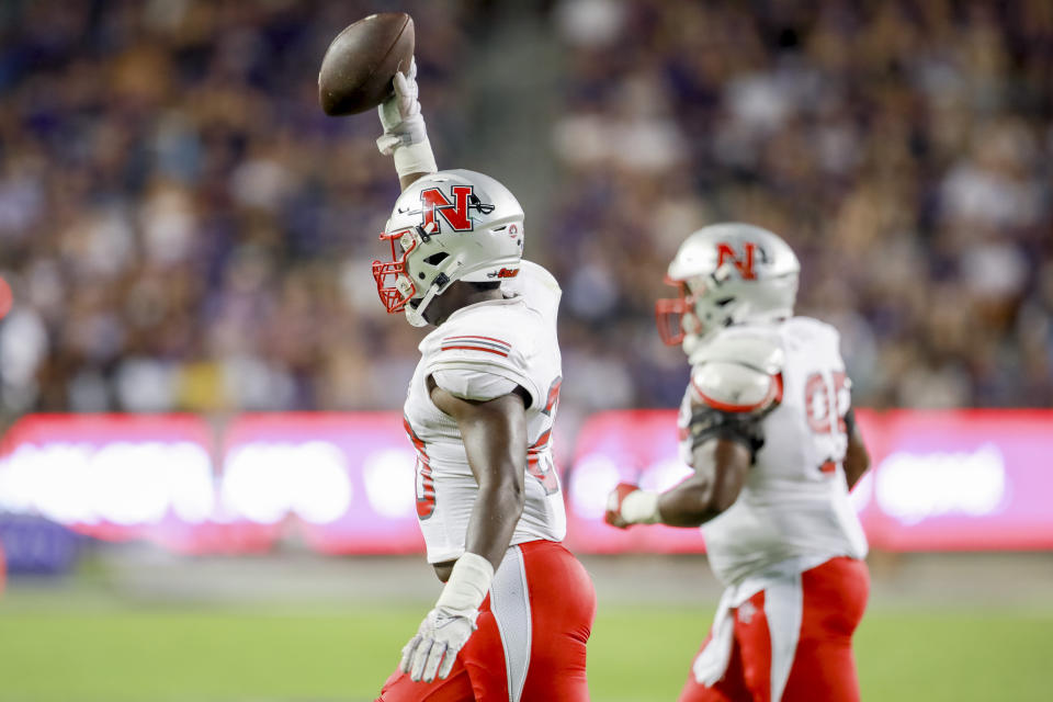 Nicholls State linebacker Kershawn Fisher celebrates after recovering a TCU fumble during the first half of an NCAA college football game Saturday, Sept. 9, 2023, in Fort Worth, Texas. (AP Photo/Gareth Patterson)