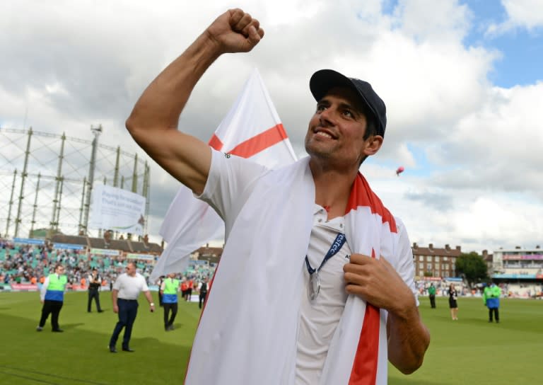 England captain Alastair Cook celebrates on the field after the fourth day of the fifth Ashes Test against Australia at The Oval cricket on August 23, 2015