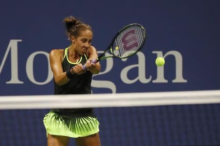 Aug 29, 2016; New York, NY, USA; Madison Keys of the United States hits a backhand against Allison Riske of the United States (not pictured) on day one of the 2016 U.S. Open tennis tournament at USTA Billie Jean King National Tennis Center. Mandatory Credit: Geoff Burke-USA TODAY Sports