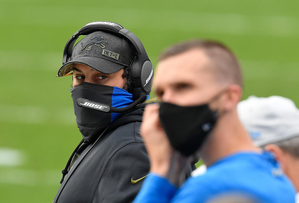 Detroit Lions head coach Matt Patricia looks on during the first half against the Carolina Panthers at Bank of America Stadium in Charlotte, North Carolina.