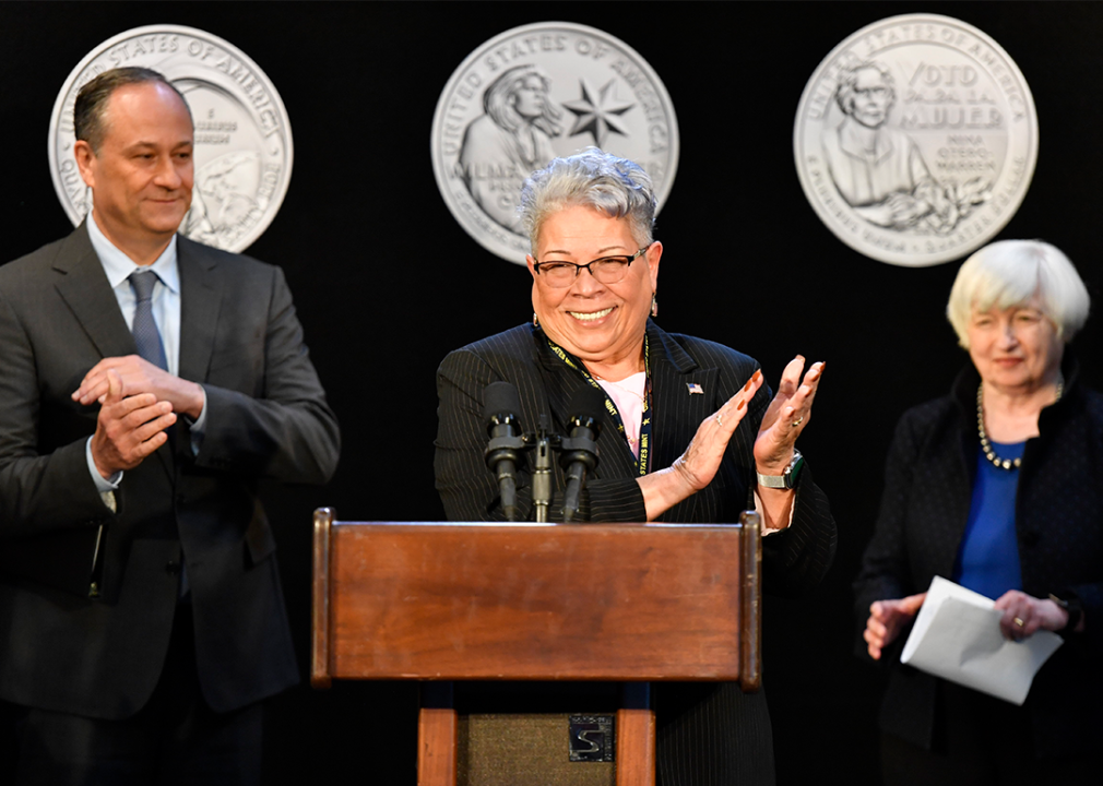 Ventris Gibson, Janet Yellen, and Douglas Emhoff at a press event for the American Women Quarters Program.