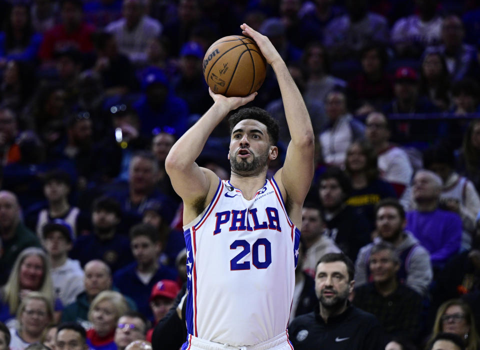 FILE - Philadelphia 76ers' Georges Niang shoots against the Denver Nuggets during an NBA basketball game against Jan. 28, 2023, in Philadelphia. Niang agreed to a three-year, $26 million deal with the Cleveland Cavaliers, his agent, Mark Bartelstein, told The Associated Press. (AP Photo/Derik Hamilton, File)