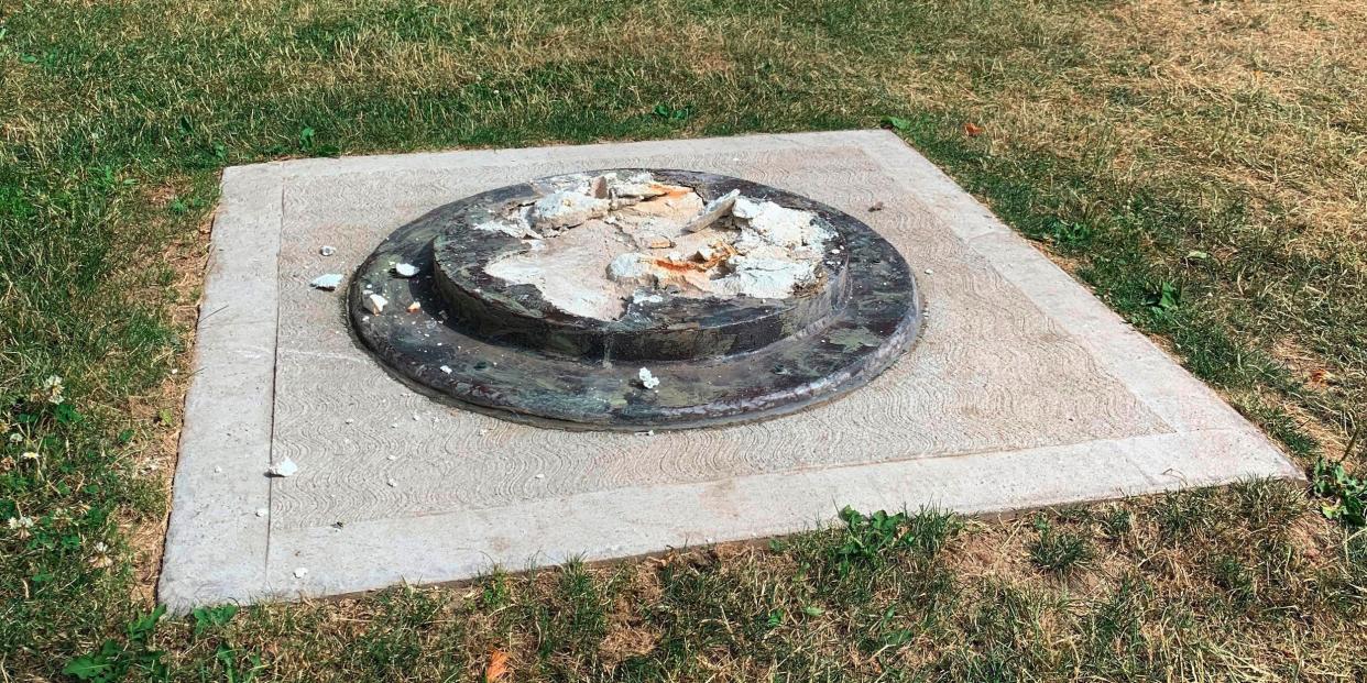 This photo provided by WROC-TV shows the remnants of a Frederick Douglass statue ripped from its base at a park in Rochester, N.Y., Sunday, July 5, 2020