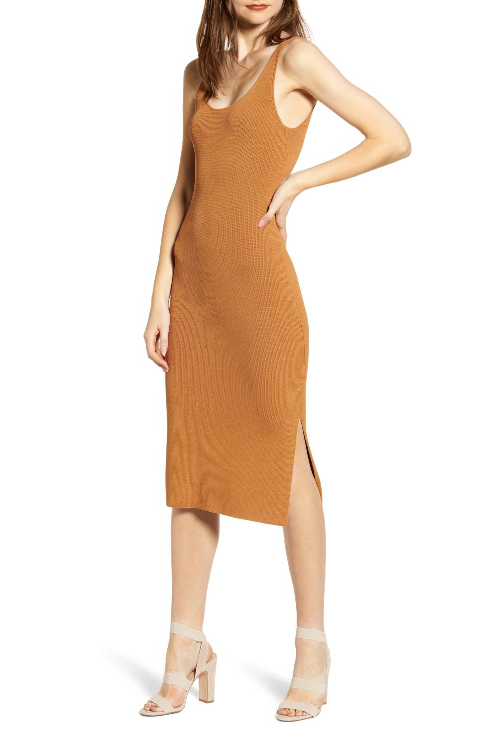 <strong>Buy It!</strong> Leith Wide Strap Sleeveless Midi Sweater Dress, $45.90 (orig. $69); <a href="https://click.linksynergy.com/deeplink?id=93xLBvPhAeE&mid=1237&murl=https%3A%2F%2Fshop.nordstrom.com%2Fs%2Fleith-wide-strap-sleeveless-midi-sweater-dress%2F5178670&u1=PEO%2CShopping%3AHowtoShopNordstrom%27sHugeAnniversarySaleEarlyandExactlyWhattoBuy%2Ckamscram%2CUnc%2CGal%2C6402513%2C201907%2CI" rel="nofollow noopener" target="_blank" data-ylk="slk:nordstrom.com;elm:context_link;itc:0;sec:content-canvas" class="link ">nordstrom.com</a>