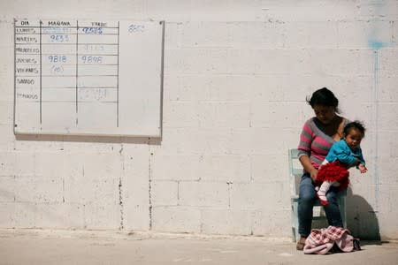 Guatemalan migrant Corio, who is waiting for her court hearing for asylum seekers that returned to Mexico to await their legal proceedings under a new policy established by the U.S. government, carries her daughter at migrant shelter in Ciudad Juarez