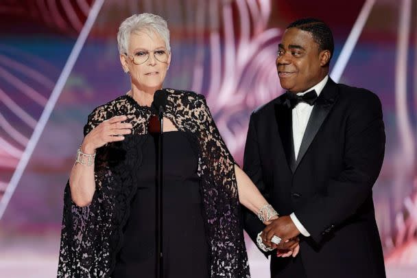 PHOTO: Jamie Lee Curtis and Tracy Morgan speak onstage at the 80th Annual Golden Globe Awards held at the Beverly Hilton Hotel, Jan. 10, 2023, in Los Angeles. (Rich Polk/NBC via Getty Images)