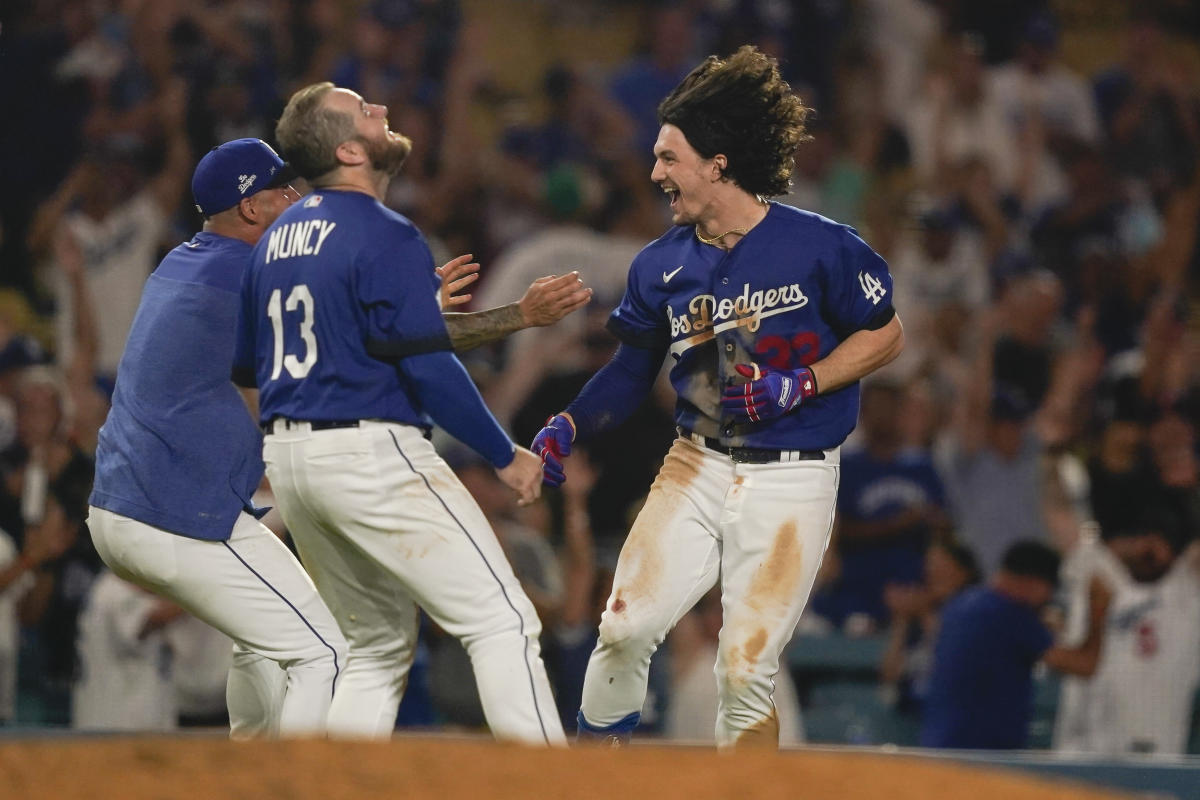 Will Smith of the Los Angeles Dodgers is covered with baby powder