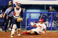 <p>Event: Women's softball </p> <p>Quote: <a href="https://www.instagram.com/p/CR1iFQRrdfe/" rel="nofollow noopener" target="_blank" data-ylk="slk:Cat Osterman;elm:context_link;itc:0;sec:content-canvas" class="link ">Cat Osterman</a>: "Not the outcome we wanted, but damn I'm proud of the fight, passion belief and effort this team put into every single pitch of these Olympic Games."</p>