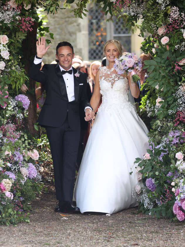 The newlyweds beamed as they left the church (Photo: Mike Marsland via Getty Images)