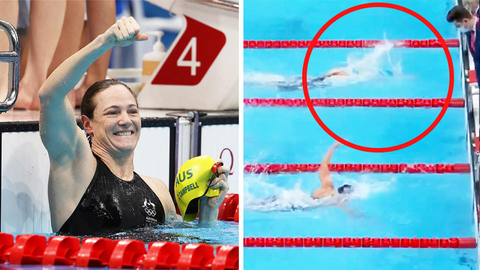 Cate Campbell (pictured left) celebrating after winning the women's 4x100 medley gold medal (pictured right.