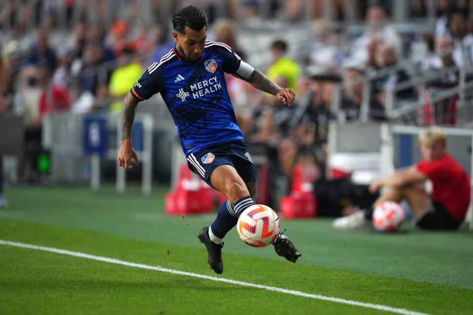 FC Cincinnati midfielder Luciano Acosta (10) saves a ball from going out bounds in the second half of a U.S. Open Cup semifinal match between Inter Miami and FC Cincinnati, Wednesday, Aug. 23, 2023, at TQL Stadium in Cincinnati.