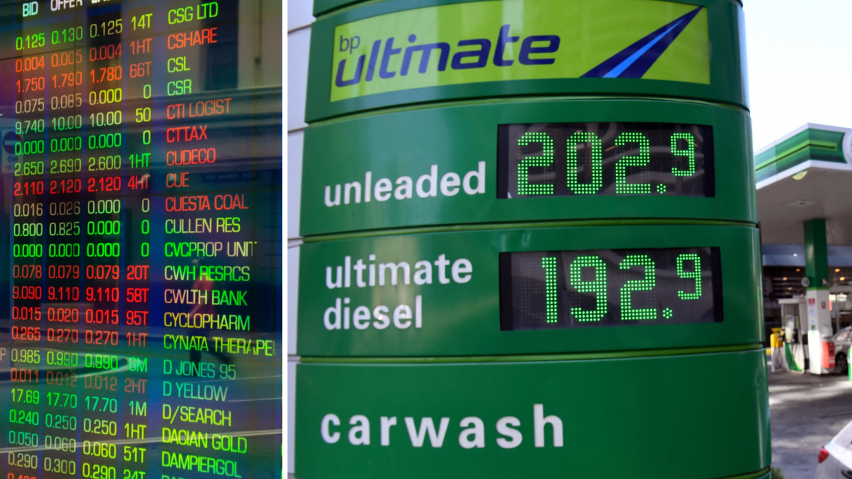The ASX board showing company price changes and a sign at a petrol station showing prices.