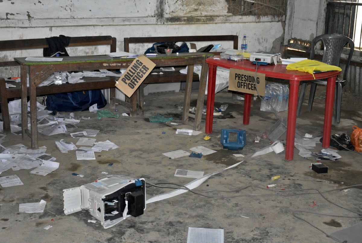 A view of a polling station that was damaged by a crowd during the first phase of the general election, in Khurai in Imphal East, Manipur (Reuters)