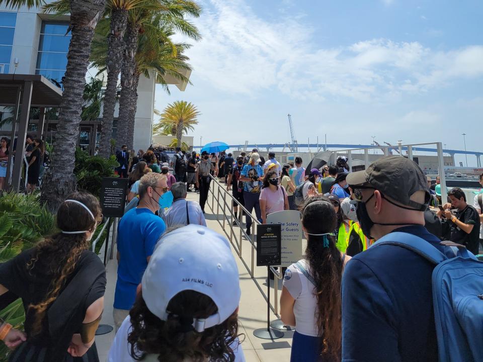 A long line of people waiting to get into an activation at San Diego Comic-Con 2022.