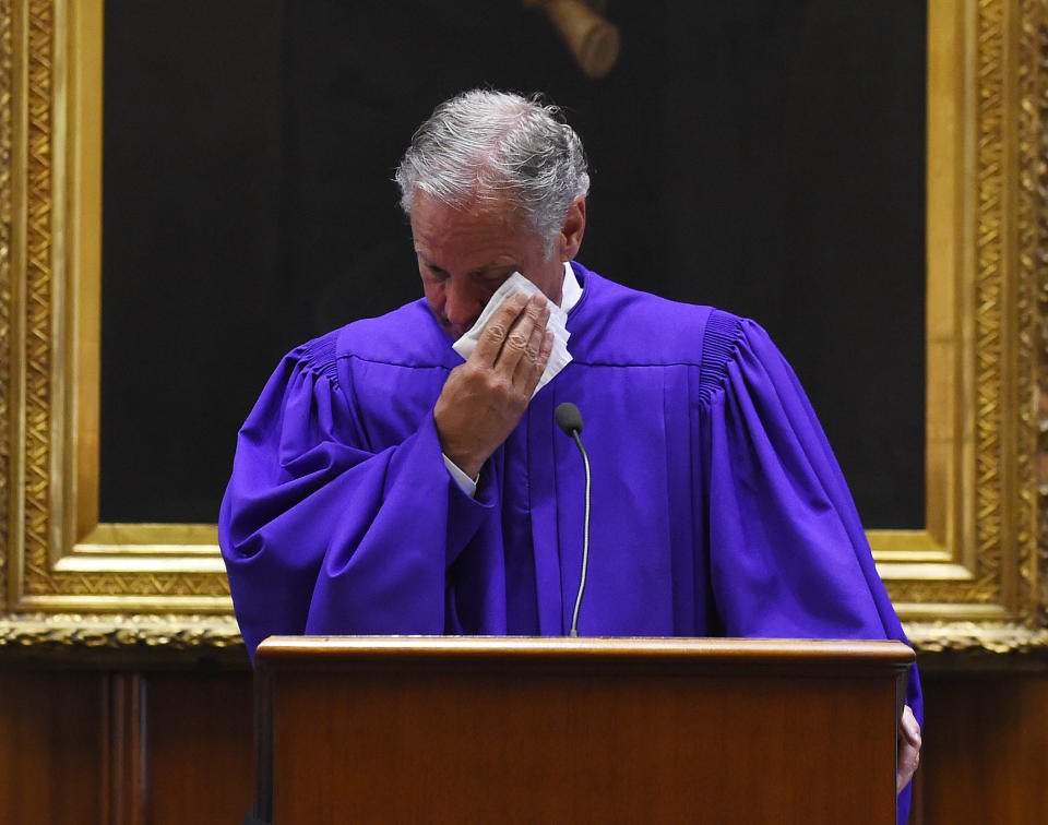 South Carolina Lt. Gov. Henry McMaster gets emotional during a prayer, Thursday, June 18, 2015, at the Statehouse in Columbia, S.C. State Sen. Clementa Pinckney was killed, Wednesday, June 17, 2015, in a shooting at an historic black church in Charleston, S.C. (AP Photo/Rainier Ehrhardt)