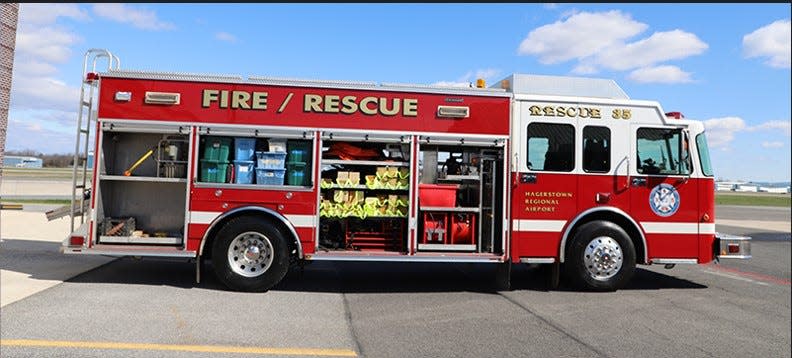 Hagerstown Regional Airport Fire Department Station 35 has acquired a 2004 Crimson Spartan Unit. This highly specialized vehicle features a wide array of on-board rescue tools and equipment.