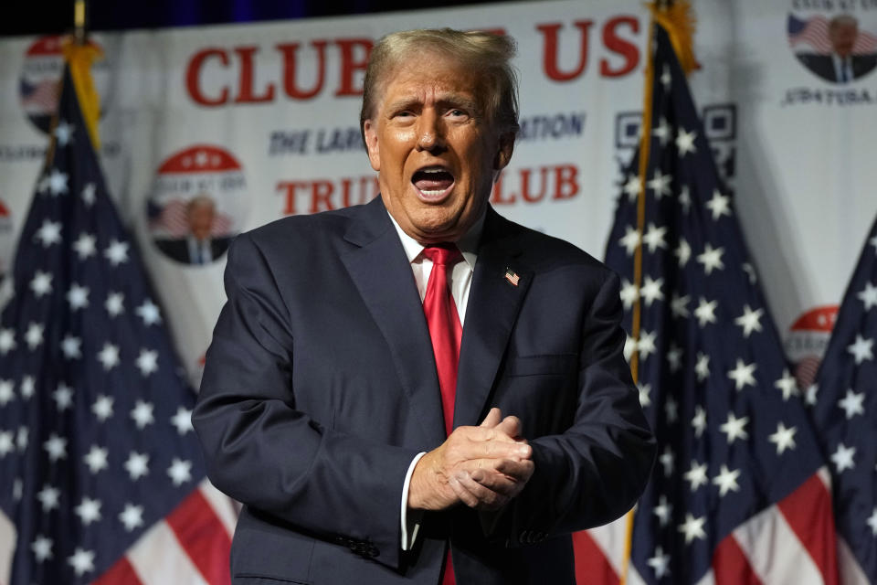 FILE - Republican presidential candidate former President Donald Trump gestures after speaking Oct. 11, 2023, at Palm Beach County Convention Center in West Palm Beach, Fla. (AP Photo/Rebecca Blackwell, File)