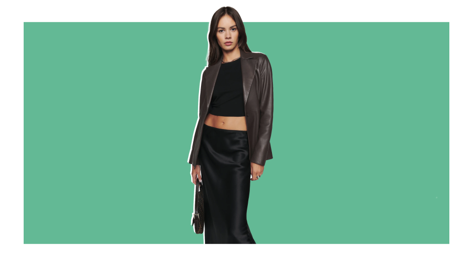 Shop the Reformation Veda Bowery Leather Blazer for a slightly dramatic looks that’s both polished and evocative.