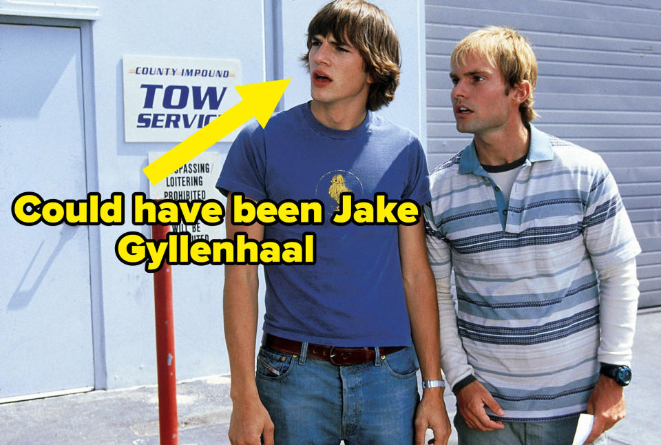 Arrow pointing to Ashton Kutcher in the film with the caption "Could've been Jake Gyllenhaal"