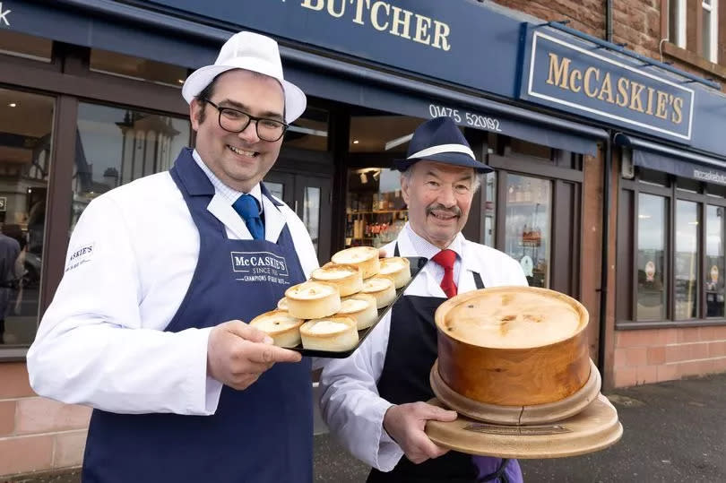 FREE TO USE PHOTOGRAPH.....12.04.24
Five times World Scotch Pie Championship winner's recipe changes hands...Pictured butcher Nigel Ovens (left) owner of McCaskies in Wemyss Bay who has bought the recipes, brand and intelectual property of World Scotch Pie Champion  Alan Pirie of James Pirie & Son Newtyle, Angus.
See press release from Maureen Young on 07778 779888
Picture by Graeme Hart.
Copyright Perthshire Picture Agency
Tel: 07990 594431