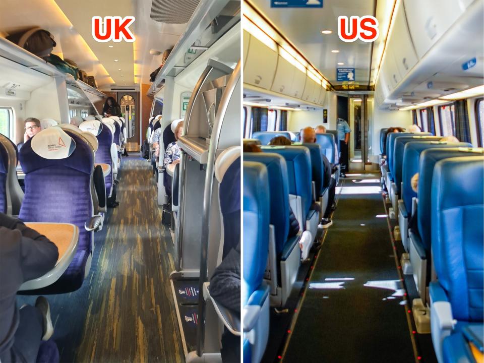 Inside first-class train cars in the UK and US