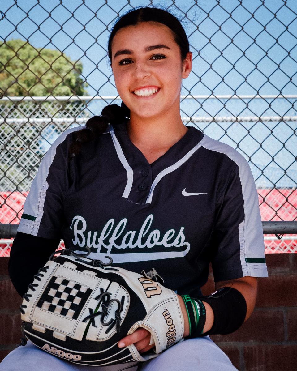 Manteca's Nayellys Torres poses for a photo after being named the first ever RecordNet Fan Choice's Softball Player of the Year during one of the Buffaloes softball games during the 2023-24 season.