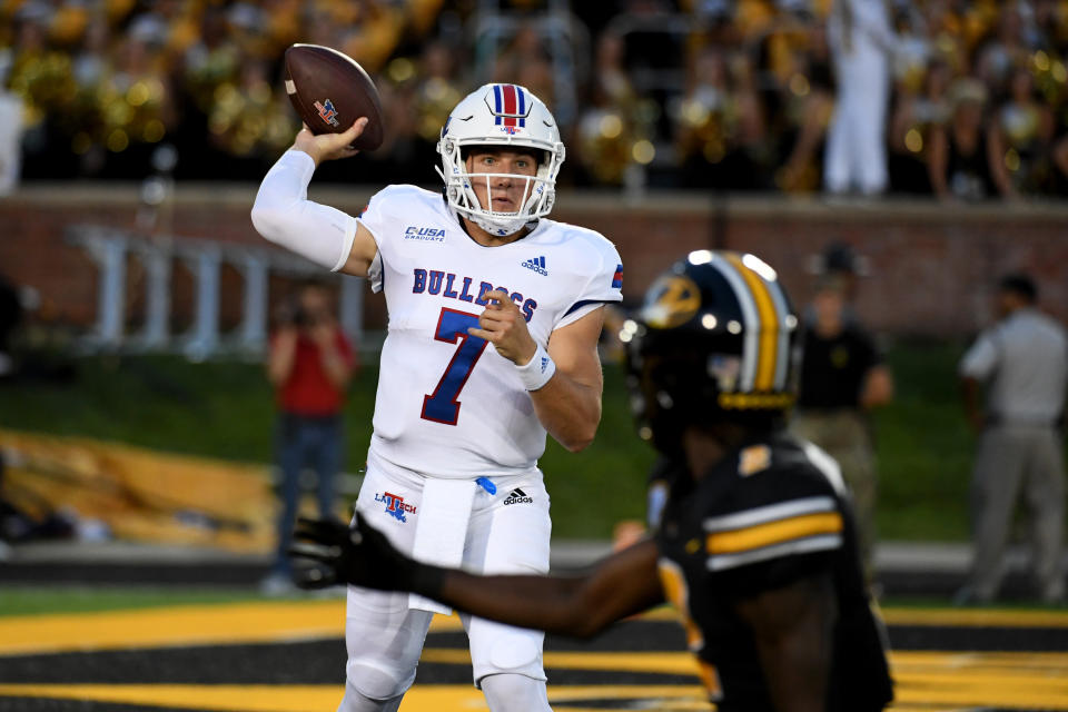 Louisiana Tech quarterback Matthew Downing throws during the first half of an NCAA college football game against Missouri Thursday, Sept. 1, in Columbia, Mo. (AP Photo/L.G. Patterson)