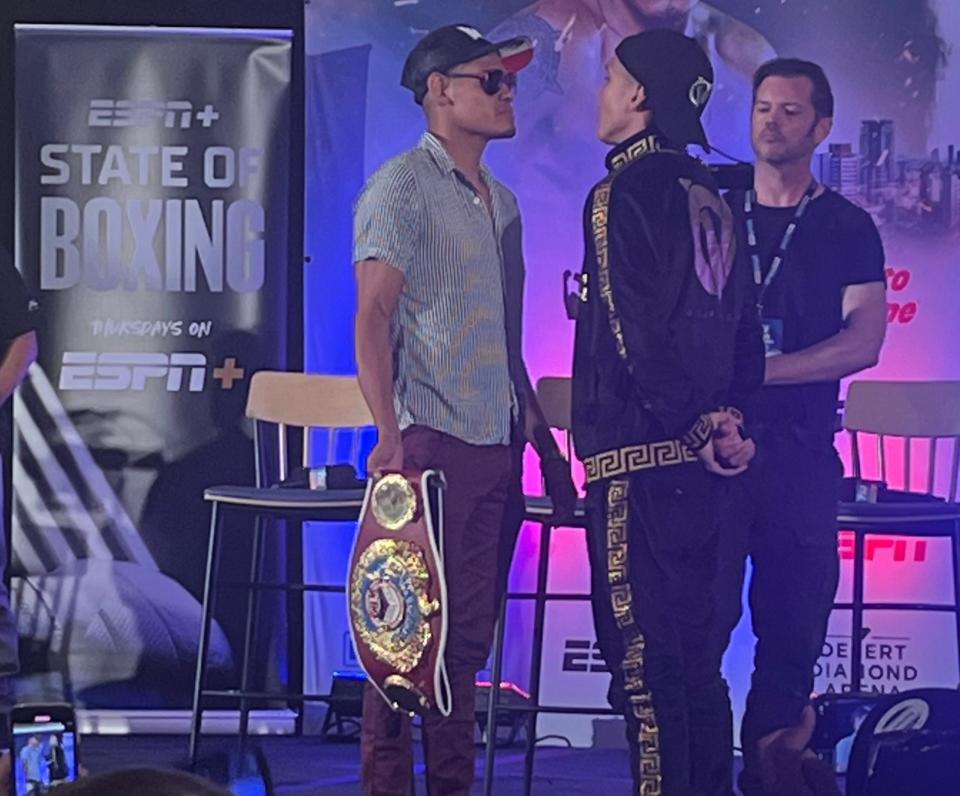 Oscar Valdez (right) and Emanuel Navarrete meet in their final news conference before their WBO Junior Lightweight Title bout.