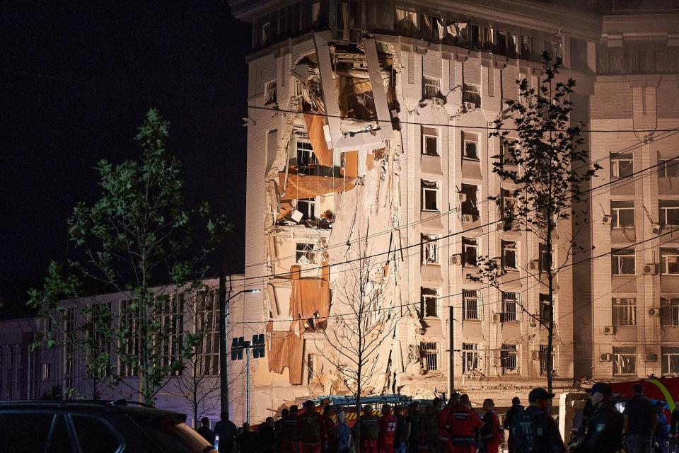 This photograph shows a residential building partially destroyed after missiles strike in Dnipro on July 28, 2023. A Russian missile struck a multistorey residential building in the central city of Dnipro on July 28, 2023 injuring three people, Ukraine's interior minister said.