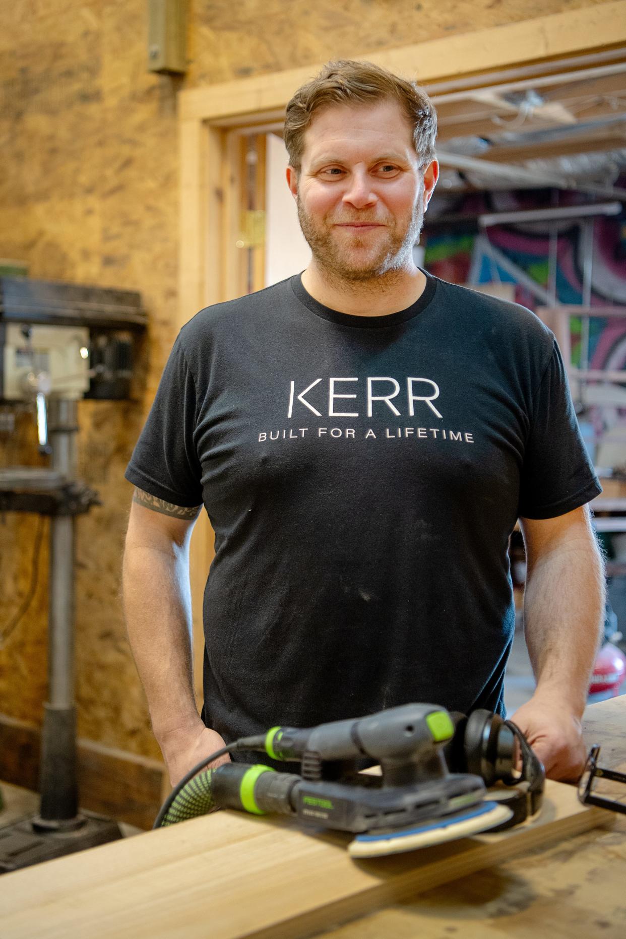 Bryan Kerr and his wife, Erin, founded the custom furniture company Kerr Woodworking and began working from Foundation Woodworks four years ago.