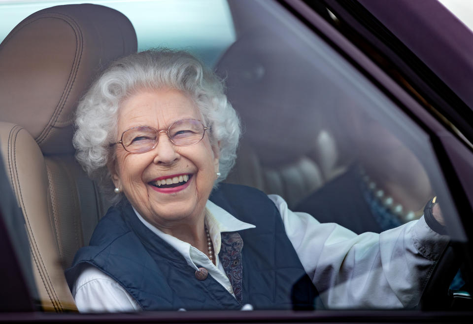 Queen Elizabeth II seen driving her Range Rover car as she attends day 2 of the Royal Windsor Horse Show in Home Park, Windsor Castle on July 2, 2021. (Getty Images)