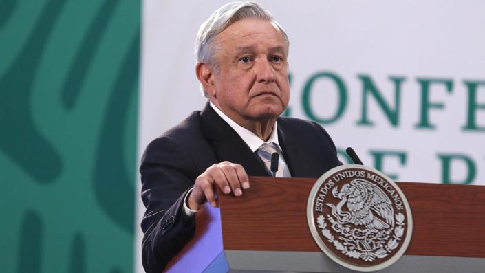 Mexicos president Andres Manuel Lopez Obrador, gestures during his daily morning briefing, to speak about apply Covid-19 vaccine to the elderly. (Ismael Rosas/Eyepix Group/Barcroft Media via Getty Images 