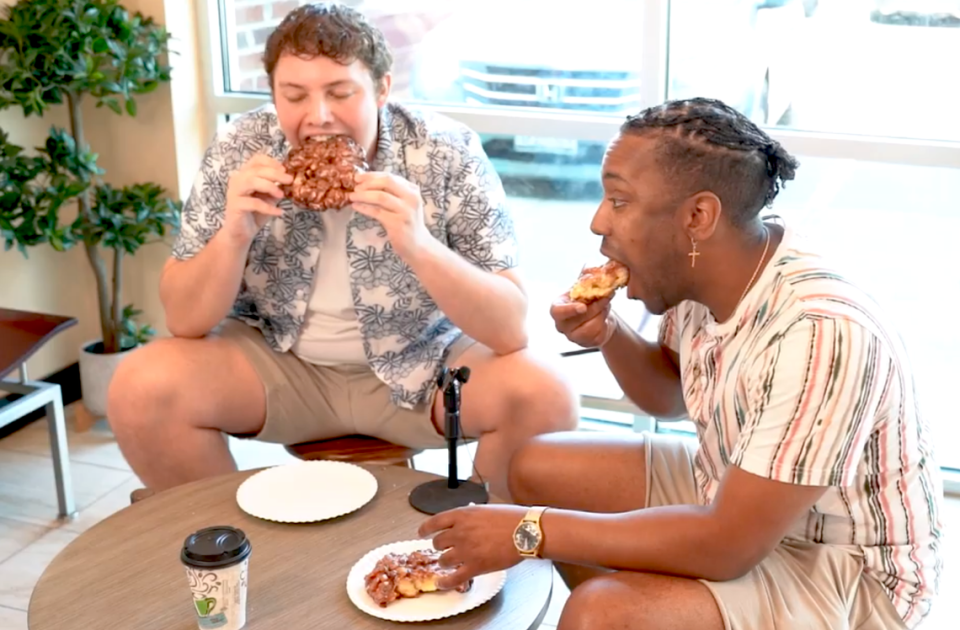 “This is the best doughnut I’ve ever had in my life,” said The Charlotte Observer’s KJ Edelman, left, when he tried an apple fritter from Yummm Donuts. “Fireworks are going off in my mouth right now,” said Jonathan Alexander.