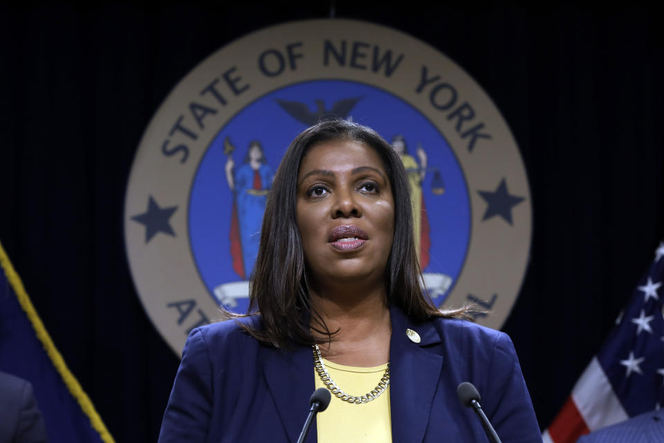 New York State Attorney General Letitia James speaks during a news conference at her office in New York, Tuesday, Nov. 19, 2019. New York has joined the ranks of states suing the nation's biggest e-cigarette maker, San Francisco based JUUL Labs. (AP Photo/Richard Drew)