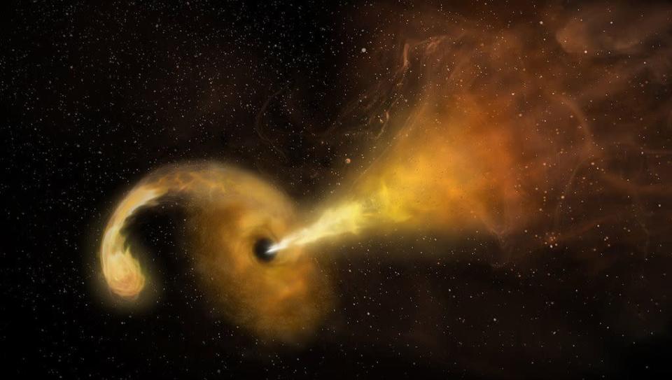 Arte que retrata um buraco negro se alimentando de uma estrela (Imagem: Reprodução/Sophia Dagnello/NRAO/AUI/NSF)
