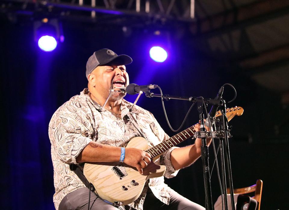 Kevin Burt sings the blues during "From Iowa With Love: Benefit Jam for Ukraine" at the Val Air Ballroom on April 24, 2022.