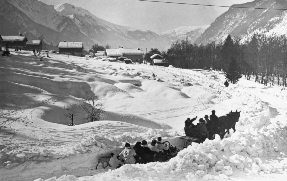 The competitors being taken to the starting point of the bobsleigh event of the 1924 Winter Olympics, at the Piste de Bobsleigh des Pellerins, a bobsleigh track in Chamonix, France, 2nd February 1924. The track was constructed for the 1924 Games.