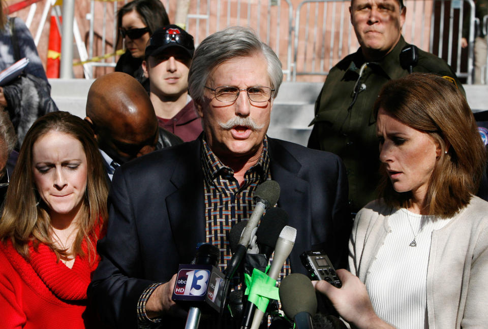 <p>Fred Goldman, center, father of Ron Goldman, who was murdered in 1994, speaks to reporters after O.J. Simpson’s sentencing hearing outside the Clark County Regional Justice Center in Las Vegas, Friday, Dec. 5, 2008. With Goldman are Lauren Luebker, left, and Kim Goldman, Ron Goldman’s sister. (Photo: Isaac Brekken, Pool/AP) </p>