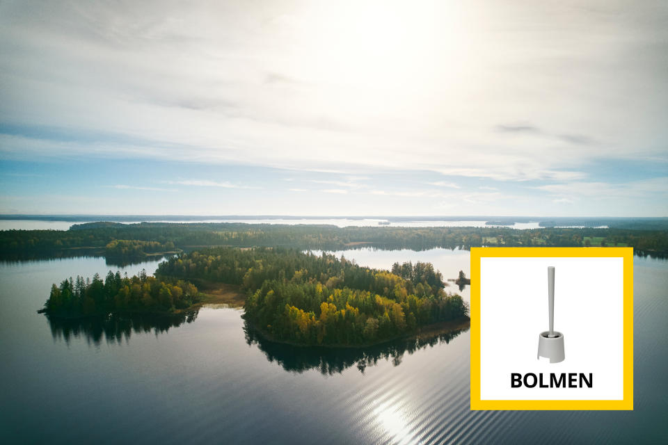Pictured is Lake Bolmen in Sweden and an insert of a Bolmen toilet brush, sold at Ikea