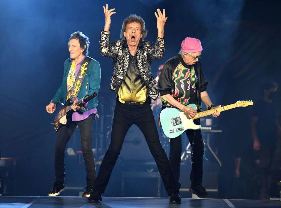 NASHVILLE, TENNESSEE - OCTOBER 09: Ronnie Wood, Mick Jagger and Keith Richards of The Rolling Stones perform onstage at Nissan Stadium on October 09, 2021 in Nashville, Tennessee. (Photo by Kevin Mazur/Getty Images)