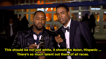 Chris Rock interviewing a person who, as they hold an Oscar, saying, "This should be not just white, it should be Asian, Hispanic... there's so much talent out there of all races"