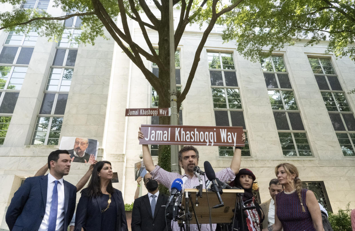 A new street sign for Jamal Khashoggi Way outside the Embassy of Saudi Arabia in Washington, D.C.