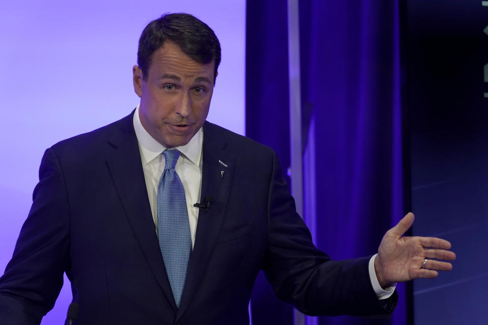 Democratic challenger Cal Cunningham speaks during a televised debate with U.S. Sen. Thom Tillis, R-N.C., Thursday, Oct. 1, 2020, in Raleigh, N.C. (AP Photo/Gerry Broome, Pool