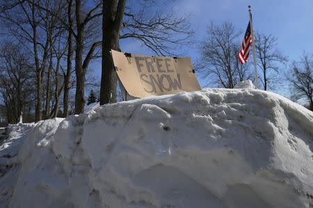 A resident has a sign on a large snow bank in their front yard in Ipswich, Massachusetts February 20, 2015. REUTERS/Brian Snyder