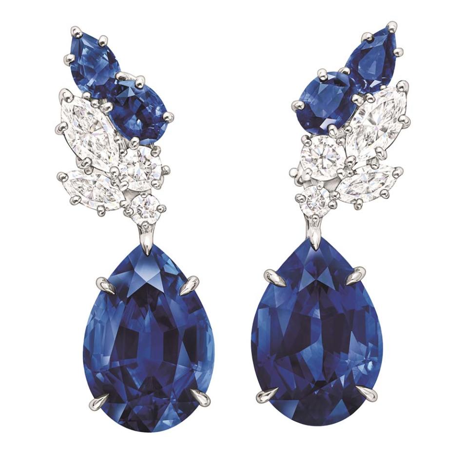 Pear-shaped sapphires set in platinum are showcased on these high-jewelry earrings with round brilliant and marquise-cut diamonds by Harry Winston; price upon request, at Harry Winston, Beverly Hills