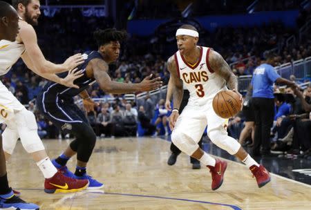 FILE PHOTO: Jan 6, 2018; Orlando, FL, USA; Cleveland Cavaliers guard Isaiah Thomas (3) drives to the basket as Orlando Magic guard Elfrid Payton (2) defends during the first quarter at Amway Center. Mandatory Credit: Kim Klement-USA TODAY Sports