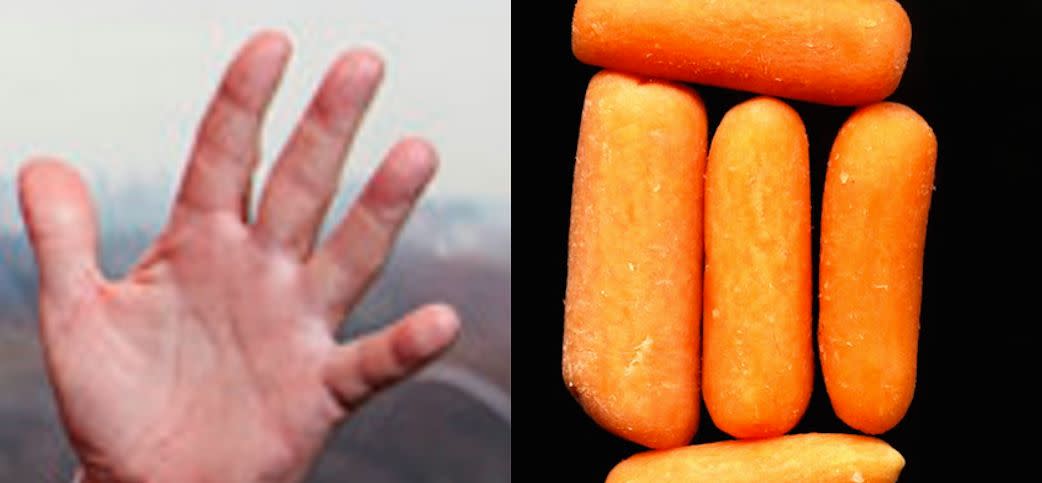 Left: President Donald Trump's hand. Right: Baby carrots. (Photo: Getty)