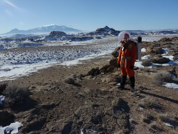 Unlike a real spacesuit, the ones used at the Mars Desert Research Station (such as this one worn by journalist Elizabeth Howell) are not pressurized.