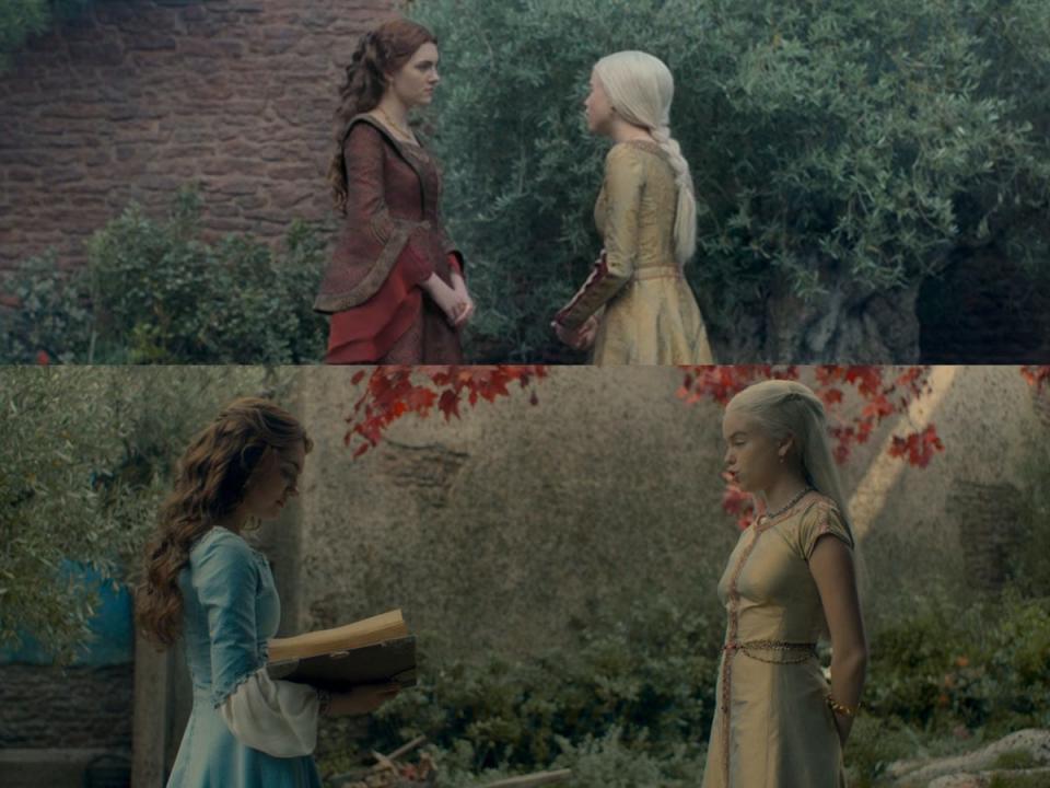 Two images of Alicent and Rhaenyra speaking in the godswood (one young girl with brownish red hair, and another with long blonde hair).